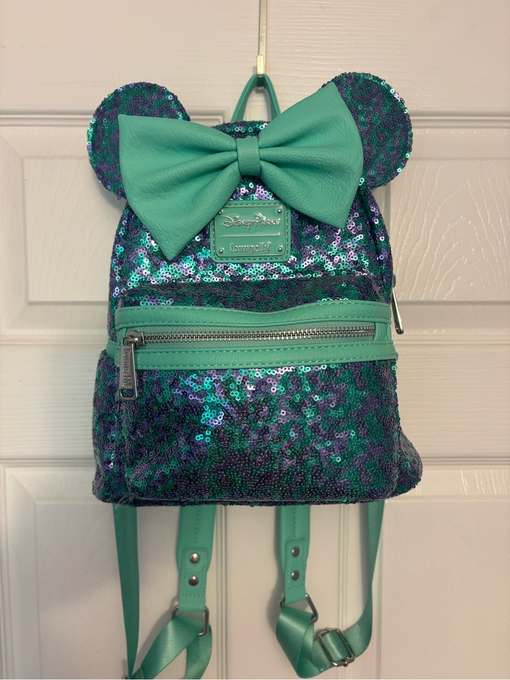 Disney Parks Minnie Mouse Teal & Purple  Sequin Loungefly Backpack 2023